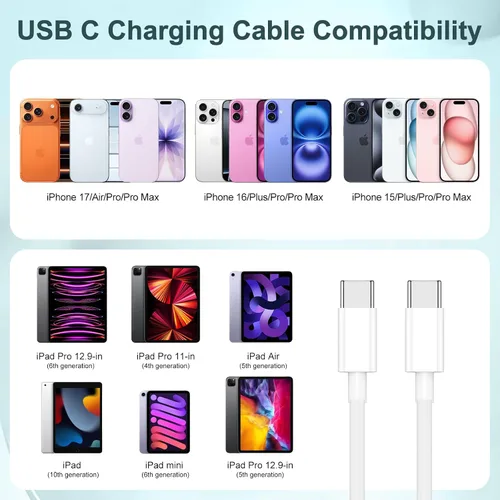 Miniatura 7 de Cable de carga rápida USB C a C de 240 W de largo de 10 pies, cable de carga tipo C a C para Apple iPhone 17 Pro Max/17 Air/16 Pro Max/16 Plus/15