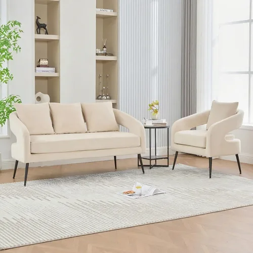 Miniatura 10 de Juego de 1 sofá biplaza pequeño y 2 sillas decorativas, juego de sofá y sillón de 3 piezas para sala de estar, moderno sofá de terciopelo con silla