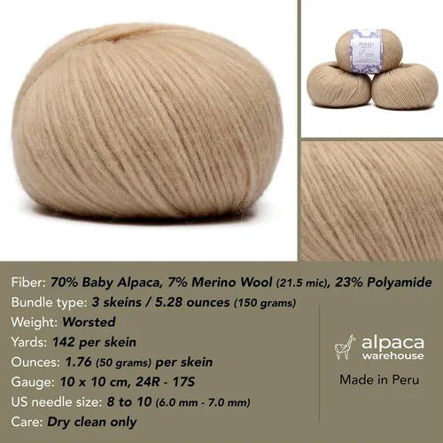 Miniatura 3 de Pullu - Juego de 3 madejas de hilo de lana de alpaca bebé y merino (150 gramos) de peso worsted - Procedencia directa de Perú - Celestialmente suave