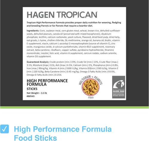 Miniatura 2 de Hagen Tropican - Alimento de loro de alto rendimiento, 3.3 ib. Palitos de loro Hari con maní y semillas de girasol y niveles nutricionales más altos