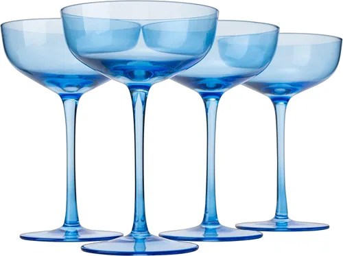 Juego de 4 copas de champán azul océano, copas de Martini y cóctel de cristal de alta calidad de 7 onzas, cristalería tintada elegante para