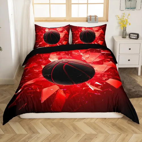 Miniatura 3 de Erosebridal Juego de funda de edredón de baloncesto, tamaño individual, color negro y rojo, juego de ropa de cama con bola 3D para niños, niños