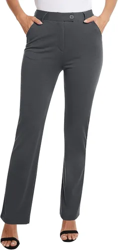 Miniatura 2 de siliteelon Pantalones de vestir de pierna recta para mujer, elásticos, de cintura alta, para trabajo, oficina, yoga, corte de bota con bolsillos