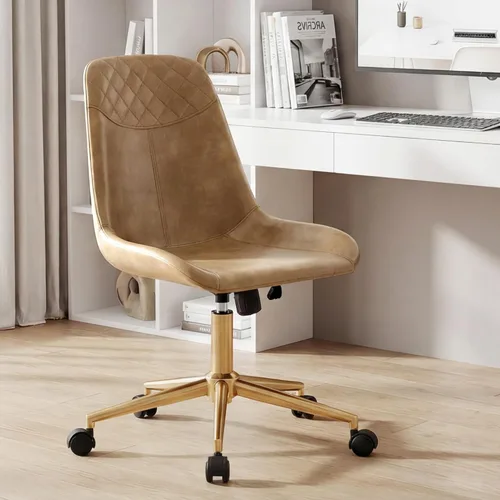 Miniatura 3 de DUHOME Silla de oficina moderna de piel sintética, silla de escritorio giratoria para computadora con base dorada, camello Camel con base dorada