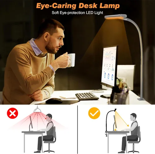 Miniatura 6 de Airlonv Lámpara de escritorio LED para oficina y hogar, luz de escritorio que cuida los ojos con atenuación continua, cuello de cisne flexible Gris