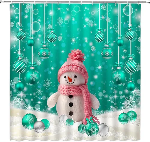 Miniatura 12 de Cortina de ducha pequeña, diseño de pájaro rojo de Navidad, ramas de pino, copo de nieve, vacaciones de invierno, festival de Navidad, azul