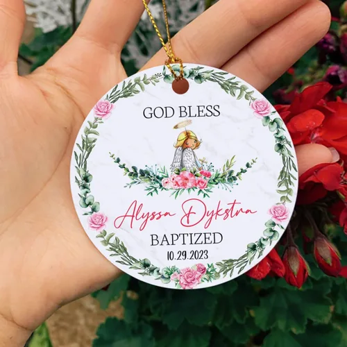 Miniatura 5 de Adorno de Navidad personalizado con texto en inglés "God Bless Bautized" 2025, adornos de bautismo católico, regalos para recién nacido, adorno