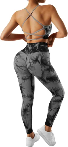 Miniatura 6 de OMKAGI Conjunto de entrenamiento acanalado para mujer, sin costuras, brasier deportivo con tiras y levantamiento de glúteos