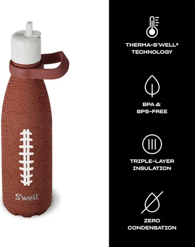 Miniatura 3 de S'well Botella de agua de acero inoxidable con tapa de popote abatible y asa, 17 onzas, End Zone, recipientes aislados al vacío de triple capa que