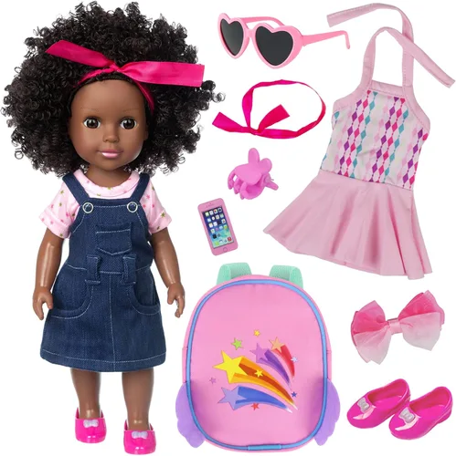 Ecore Fun Muñeca negra de 14.5 pulgadas, juego de ropa y muñeca africana de silicona realista, lavable, el mejor regalo para niñas