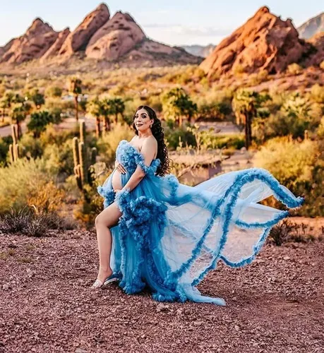Miniatura 2 de UZN Vestidos de maternidad de tul con hombros descubiertos para sesión de fotos, batas largas hinchadas, vestido de embarazo transparente para baby