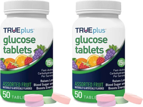 Miniatura 8 de TRUEplus® Tabletas de glucosa, sabor surtido (uva, frambuesa, naranja), botella de 50 unidades (1)