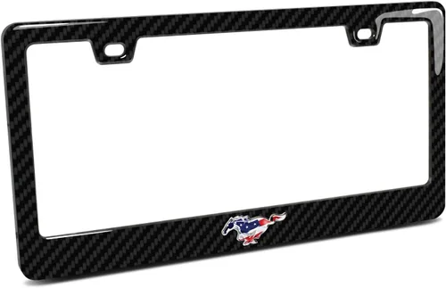 iPick Image Para Ford Mustang bandera de Estados Unidos 3D Pony Emblema Real 3K Fibra de carbono ABS Marco de licencia de plástico