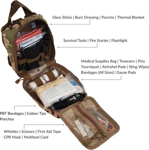 Miniatura 4 de Kit de supervivencia y primeros auxilios Molle de 250 piezas, equipo de emergencia al aire libre y bolsa de trauma para camping, senderismo, caza