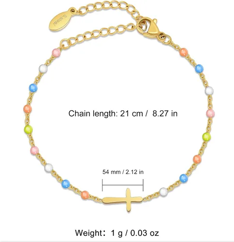 Miniatura 4 de Pulsera de Cuentas con Cruz Chapada en Oro de 14K para Mujeres, Pulsera de Acero Inoxidable Ajustable con Cruz de Fe Religiosa, Pulsera de Cadena