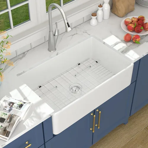 Miniatura 12 de Lordear Fregadero de Cocina Estilo Granja de 36 Pulgadas Blanco de Arcilla Refractaria Porcelana Cerámica Tazón Único Frente de Delantal Fregadero