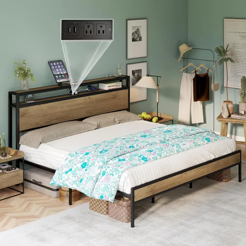 Miniatura 14 de LUXOAK Marco de cama tamaño Queen, marco de cama de plataforma con cabecera de almacenamiento de 2 niveles y estación de carga, no necesita somier