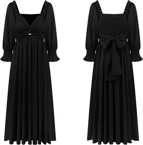 Miniatura 6 de R.Vivimos Vestido de verano bohemio de algodón con mangas abombadas y lunares suizos con cordones fruncidos, casual, acampanado, vestido por debajo