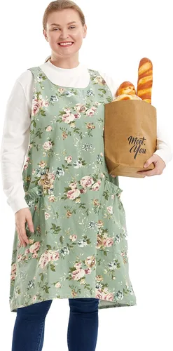 Miniatura 19 de Delantales grandes de talla grande para mujer con bolsillos de algodón y lino para hornear cocina