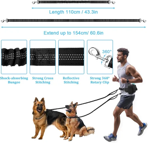 Miniatura 3 de ETACCU Correa de perro resistente manos libres con bolsa de cremallera cinturón para perros grandes y medianos para correr, caminar, trotar