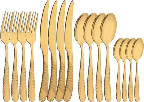 Miniatura 12 de Juego de cubiertos de 16 piezas de acero inoxidable 18/0 plateado con mango dorado, multiuso para el hogar, cocina, restaurante, hotel, servicio