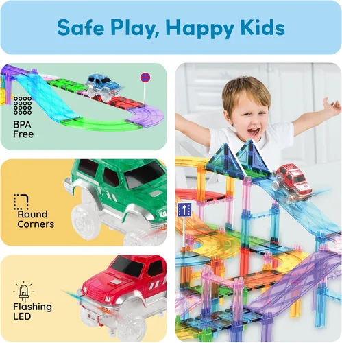Miniatura 6 de PicassoTiles Juego de 3 autos de juguete magnéticos con luz LED, altamente detallado, compatible con imán, carreras, pistas de carreras, accesorios