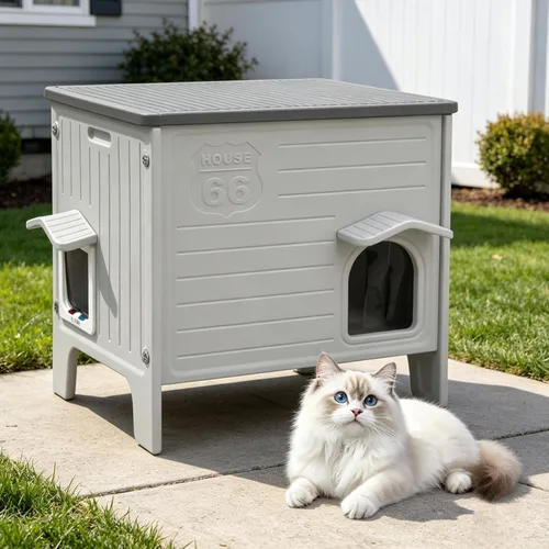 Miniatura 9 de Deblue Weatherpoof - Casa para gatos al aire libre, grandes casas de plástico para gatos con puerta de escape para interiores, impermeable, refugio