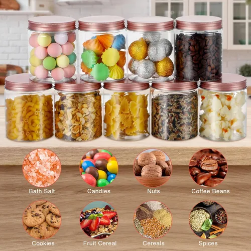 Miniatura 4 de Hushee 24 tarros de plástico de 8 onzas con tapas, tarros redondos transparentes para alimentos con tapas de oro rosa, tarros de plástico apilables