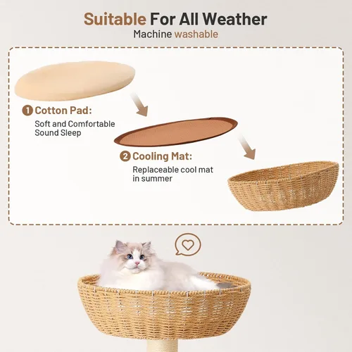 Miniatura 2 de Moderno árbol de ratán para gatos, torre de escalada alta y resistente con poste rascador, cesta, cama y soporte para gatos adultos grandes