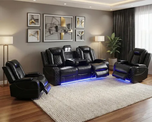 Miniatura 8 de Juego de sofá reclinable eléctrico con LED, juego de sofá de cuero transpirable para sala de estar, juego de sofá reclinable con puerto USB, Negro