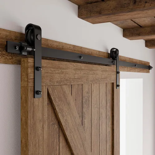 CCJH - Kit de herrajes para puerta corrediza de granero indiv. de 5 pies, rodillo básico negro, gancho de acero al carbono, sistema de riel plano