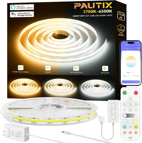 Miniatura 12 de PAUTIX COB Tira de Luz LED Blanca CCT Ajustable 3200LEDs, CRI90+ 16.4ft/5m Regulable 2700K-6500K 24V Cinta de Luz LED, para Bajo Gabinete Dormitorio