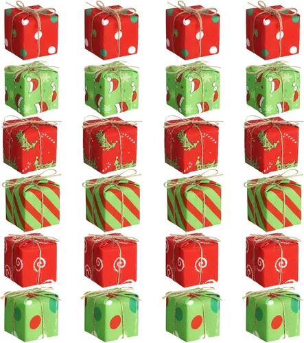 Miniatura 10 de Chivao 24 piezas de adornos para árbol de Navidad, mini regalos para manualidades, adornos en miniatura con cuadros de búfalo, adornos colgantes