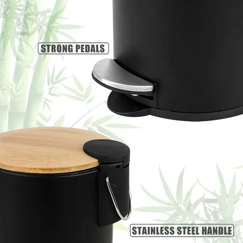 Miniatura 6 de SIDIANBAN Bote de basura pequeño para baño con tapa de bambú, 1.3 galones/5 litros, negro, hierro