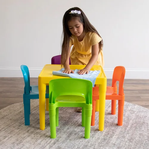 Miniatura 5 de Humble Crew Juego de mesa y 4 sillas para niños, Mesa amarilla con sillas - Mesa de actividades para niños pequeños resistente para tiempo de juego