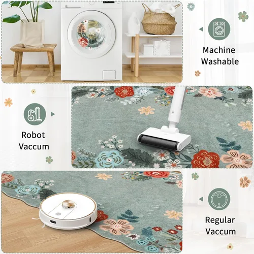 Miniatura 3 de Alfombra Corredora Verde, Alfombras Lavables de 3x10 para Pasillos Antideslizantes, Alfombra de Pelo Bajo Suave con Diseño Floral Boho para Pasillo