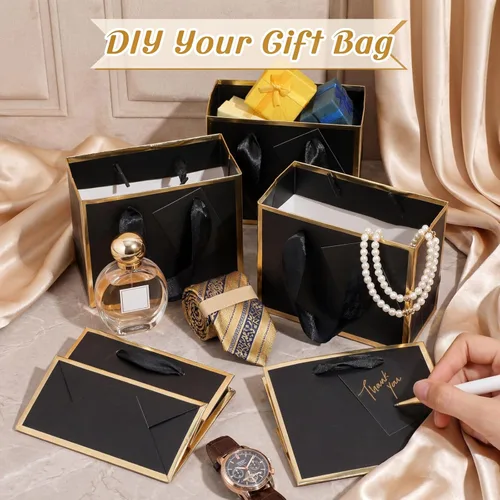 Miniatura 4 de Yeaqee 50 mini bolsas de regalo de papel metálico con asa de 4.75 x 2.25 x 4 pulgadas, pequeña bolsa de regalo para bricolaje, etiqueta de Dorado