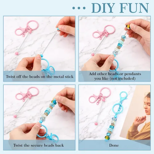 Miniatura 5 de Huwena 6 piezas de llaveros con cuentas, barras en blanco, llavero de cuentas de metal para colgante, manualidades, joyería, regalo