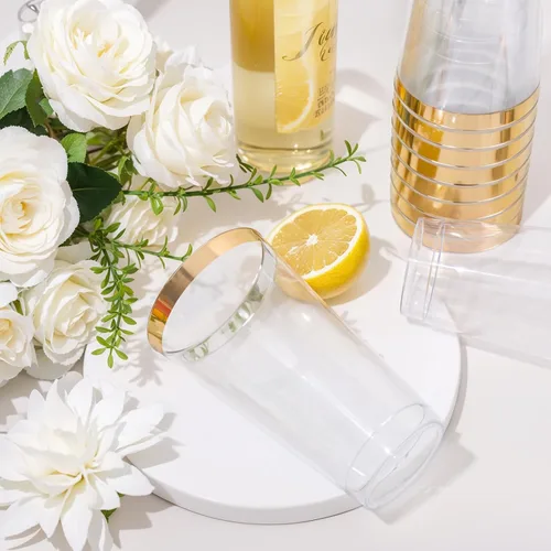 Miniatura 5 de DaYammi Paquete de 100 vasos de plástico dorados de 16 onzas, elegantes vasos de plástico transparente con borde dorado, desechables, copas de vino
