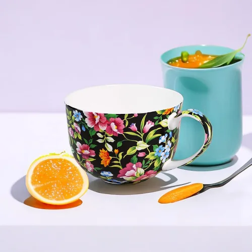 Miniatura 6 de Tazones de sopa de 25 onzas con asas, taza de sopa de porcelana y hueso con asas, taza de sopa de flora grande para café, cereales, avena con leche
