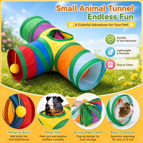 Miniatura 3 de Rypet Túnel de conejillo de indias plegable de 3 vías para mascotas pequeñas y tubos con bola interactiva para bebé, conejo, hurón, hámster, Arcoíris
