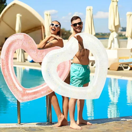 Miniatura 7 de Paquete de 4 anillos de natación inflables con forma de corazón, flotadores de piscina para adultos, suministros de fiesta en la playa, 47.2 x 39.4