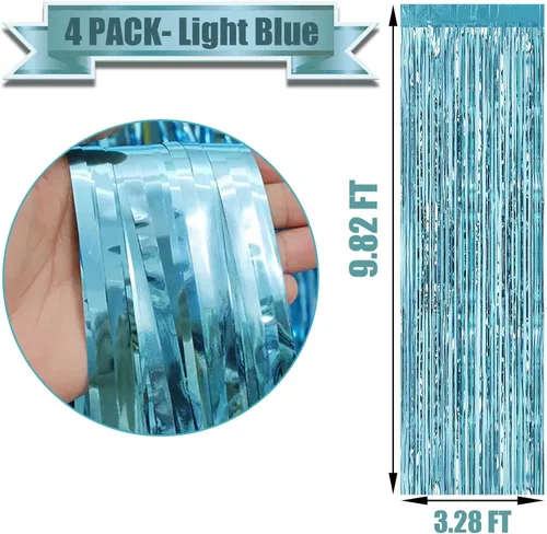 Miniatura 2 de Paquete de 4 cortinas de flecos de papel de aluminio con franjas de oropel azul claro, 3.3 pies x 9.8 pies, cortinas de flecos de papel de aluminio