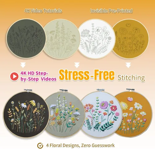 Miniatura 6 de ETSPIL Kit de bordado para adultos y adolescentes, paquete de 4 muestrarios florales, 2 aros ajustables, tela preimpresa, 17 hilos vibrantes, 16