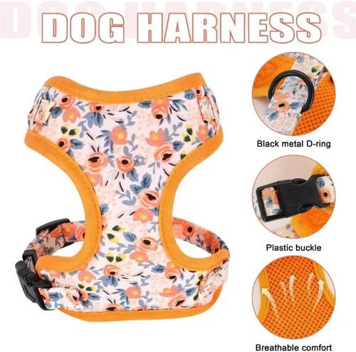 Miniatura 2 de Beirui Collares, arneses y correas lindos para perritas, conjunto de arnés y correa ajustable para perros con flor - Arnés de malla suave