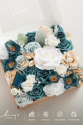Miniatura 4 de Ling's moment Caja de Flores Falsas, Tallos de Follaje Artificial Falso, Rosas de Espuma, Amapola de Seda, Flor de Tela para Centros de Mesa, Ramo