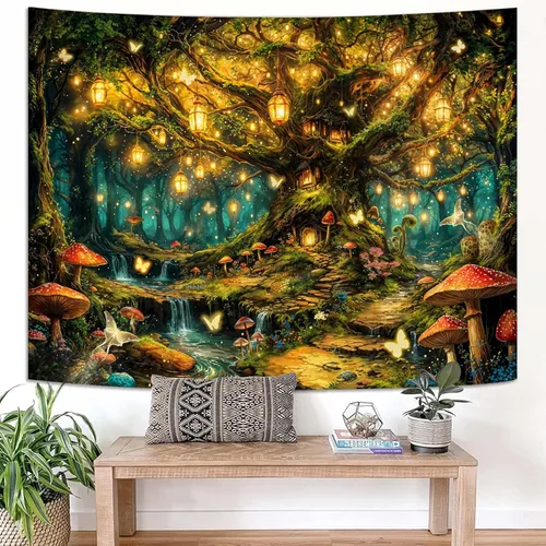 Miniatura 25 de Kanuyee Tapiz de bosque verde, tapiz de paisaje para pared, tapices de naturaleza para techo y pared, colgante para dormitorio, sala de estar