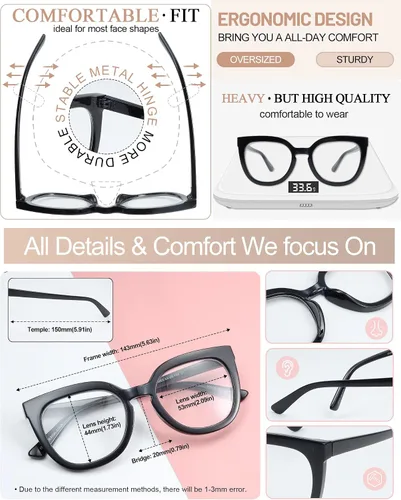 Miniatura 4 de MARE AZZURO Gafas de lectura de gran tamaño para mujer, con estilo, grandes lectores 1.0 1.25 1.5 1.75 2.0 2.25 2.5 2.75 3.0 3.5 4.0 5.0 6.0 Negro