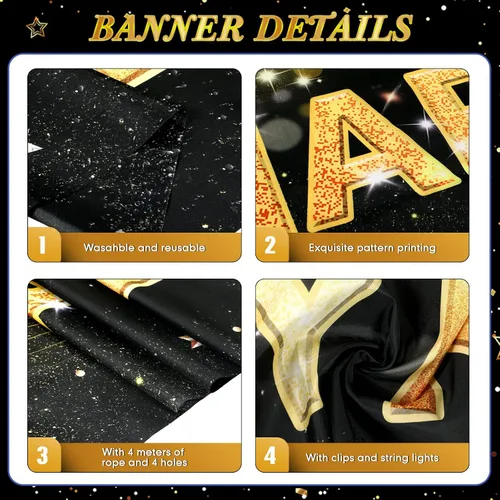 Miniatura 3 de Letrero grande de feliz año nuevo con luces LED para decoraciones de Navidad, cartel negro y dorado de 118 x 19.6 pulgadas con clips transparentes
