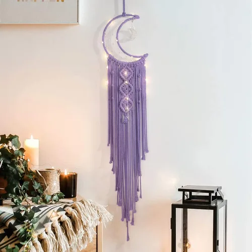 Miniatura 16 de ANROYE Colgante de pared tejido de macramé bohemio, crochet, luna creciente, estrella, atrapasueños con borla larga, algodón verde, hecho a mano